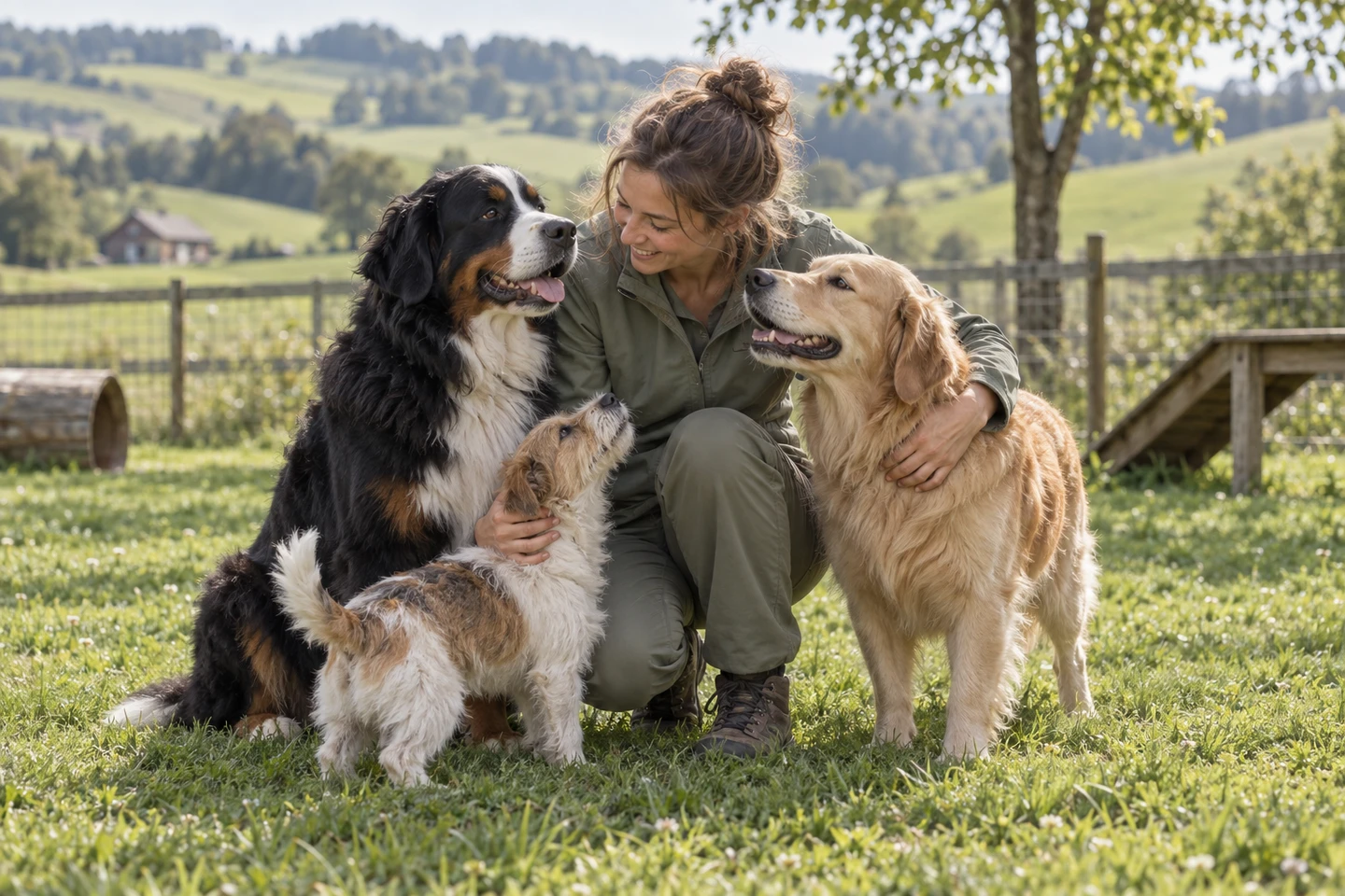 KI-generierte Szene: Hundebetreuerin mit drei Hunden in einem Garten