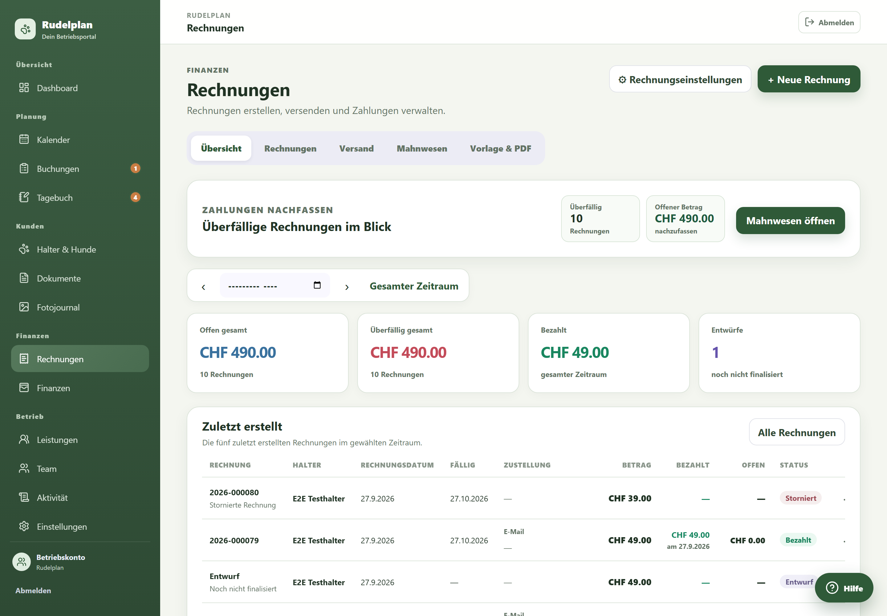 Originalansicht: Rechnungen im Rudelplan-Testbetrieb