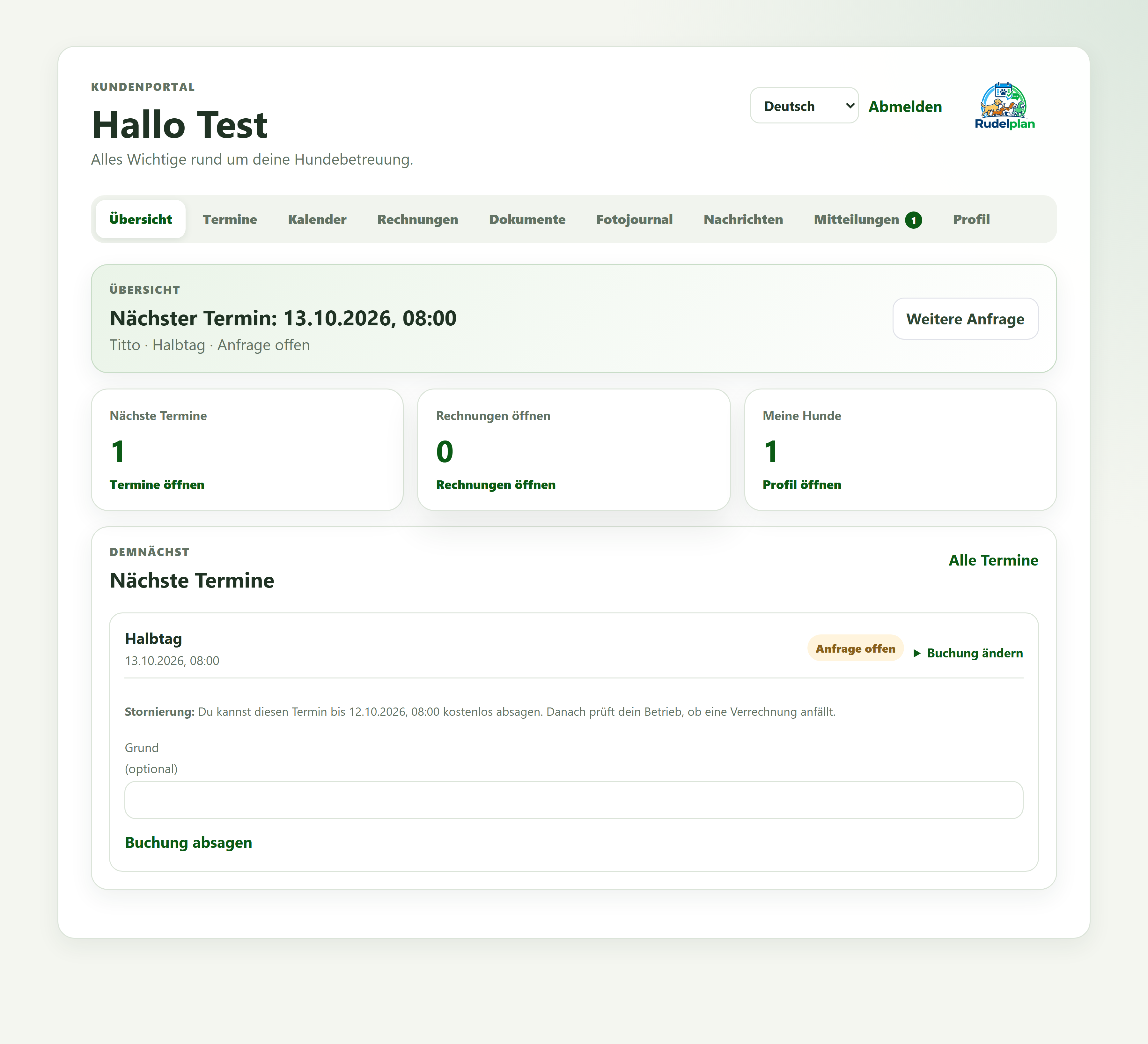Originalansicht: Halterportal im Rudelplan-Testbetrieb