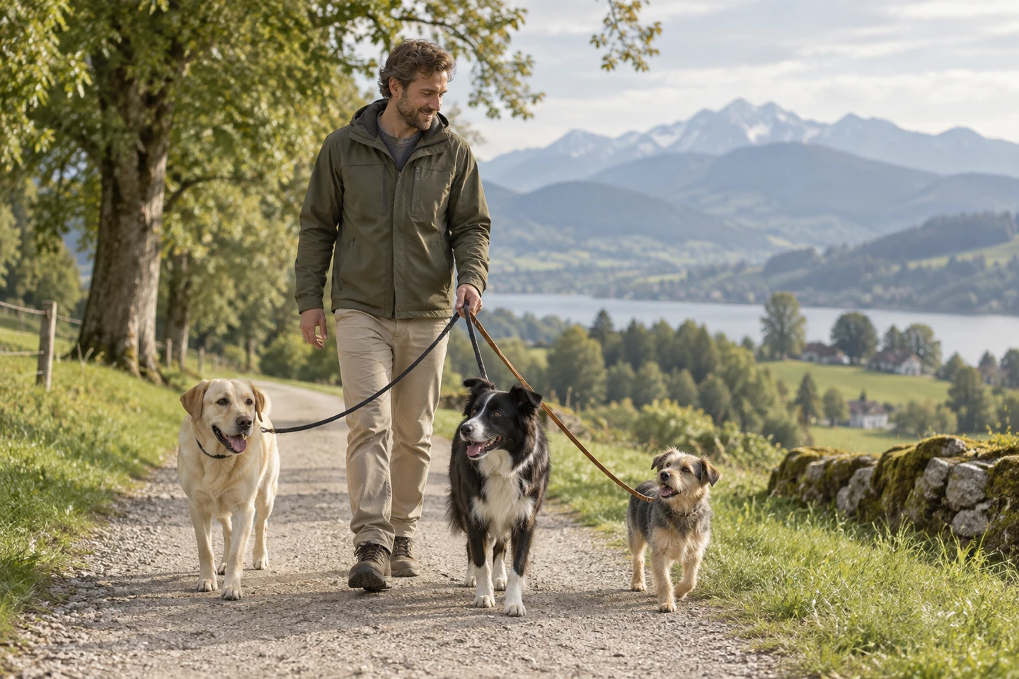 KI-generierte Szene: Hundesitter mit drei Hunden auf einem Landweg