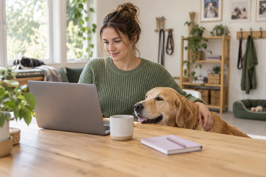 KI-generierte Betreuungsszene: Hundebetreuerin mit Laptop und entspanntem Hund